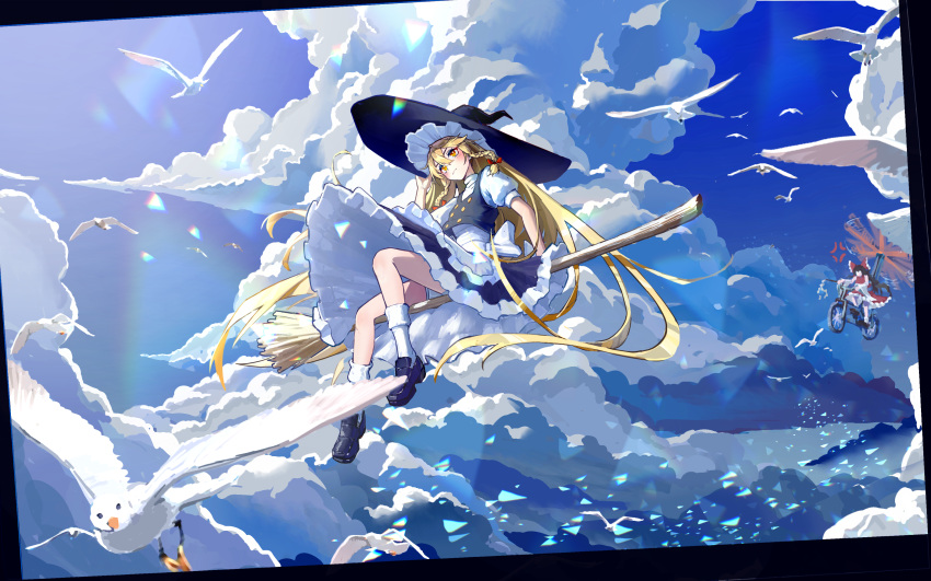 2girls absurdres aircraft anger_vein animal autogyro bicycle bird black_border black_hat black_skirt black_vest blonde_hair blue_sky blush bobby_socks border bow braid broom broom_riding closed_mouth cloud day er_yi_zhi flying frilled_hat frilled_skirt frills gohei hair_between_eyes hair_bow hakurei_reimu hand_on_headwear hat highres kirisame_marisa lens_flare long_hair looking_afar looking_ahead multiple_girls outdoors puffy_short_sleeves puffy_sleeves red_bow scenery science_fiction seagull shide shirt short_sleeves side_braids sidesaddle skirt sky socks sunlight touhou turtleneck twin_braids very_long_hair vest white_bird white_shirt white_socks wide_shot wind witch_hat yellow_eyes