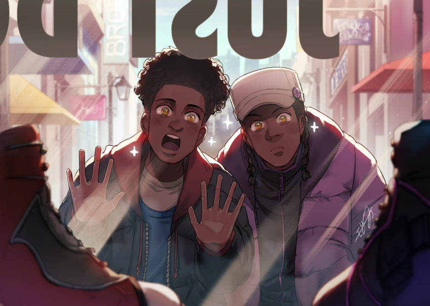 2boys afro air_jordan badge blue_shirt blush button_badge dark_skin down_jacket dreadlocks jacket lamppost looking_at_object male_focus marvel miles_g._morales miles_morales mozu_suka multiple_boys multiple_persona open_mouth shirt shop sparkle sparkling_eyes spider-man:_across_the_spider-verse spider-man_(series) spider-verse town very_dark_skin white_hat white_shirt window