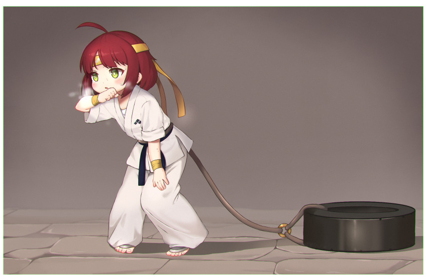 1girl ahoge barefoot belt black_belt blush border breath chinese_commentary commentary_request dougi full_body green_eyes headband highres indoors kuma-bound martial_arts_belt medium_hair original pants red_hair rope sweat tire toes training walking white_border white_pants yellow_headband