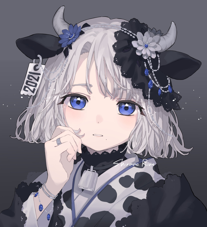 1girl 2021 animal_ears animal_print bell blue_eyes bracelet commentary_request cow_ears cow_girl cow_horns cow_print cowbell ear_tag flower gem gradient_background hair_flower hair_ornament hand_on_own_cheek hand_on_own_face highres horns japanese_clothes jewelry kimono light_blush long_sleeves looking_at_viewer original parted_lips pendant portrait ring shirane_rine short_hair simple_background solo star_(symbol) star_in_eye symbol_in_eye white_hair