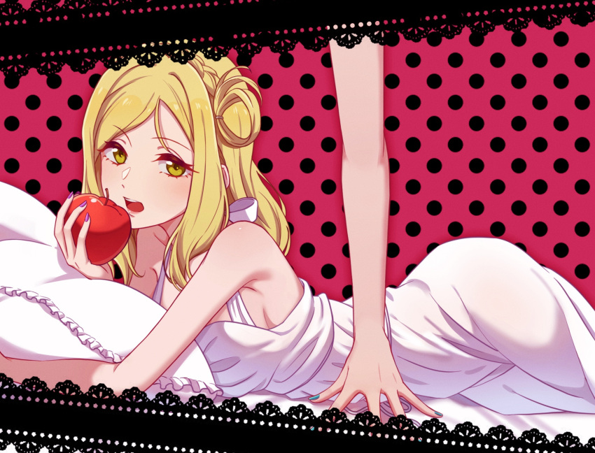 2girls apple bare_arms blonde_hair blue_nails braid breasts commentary crown_braid dress food fruit highres holding holding_food large_breasts long_hair looking_at_viewer love_live! love_live!_sunshine!! lying matsuura_kanan multiple_girls nyasa ohara_mari on_stomach open_mouth pillow pink_background polka_dot polka_dot_background purple_nails single_hair_ring sleeveless sleeveless_dress white_dress yellow_eyes yuri