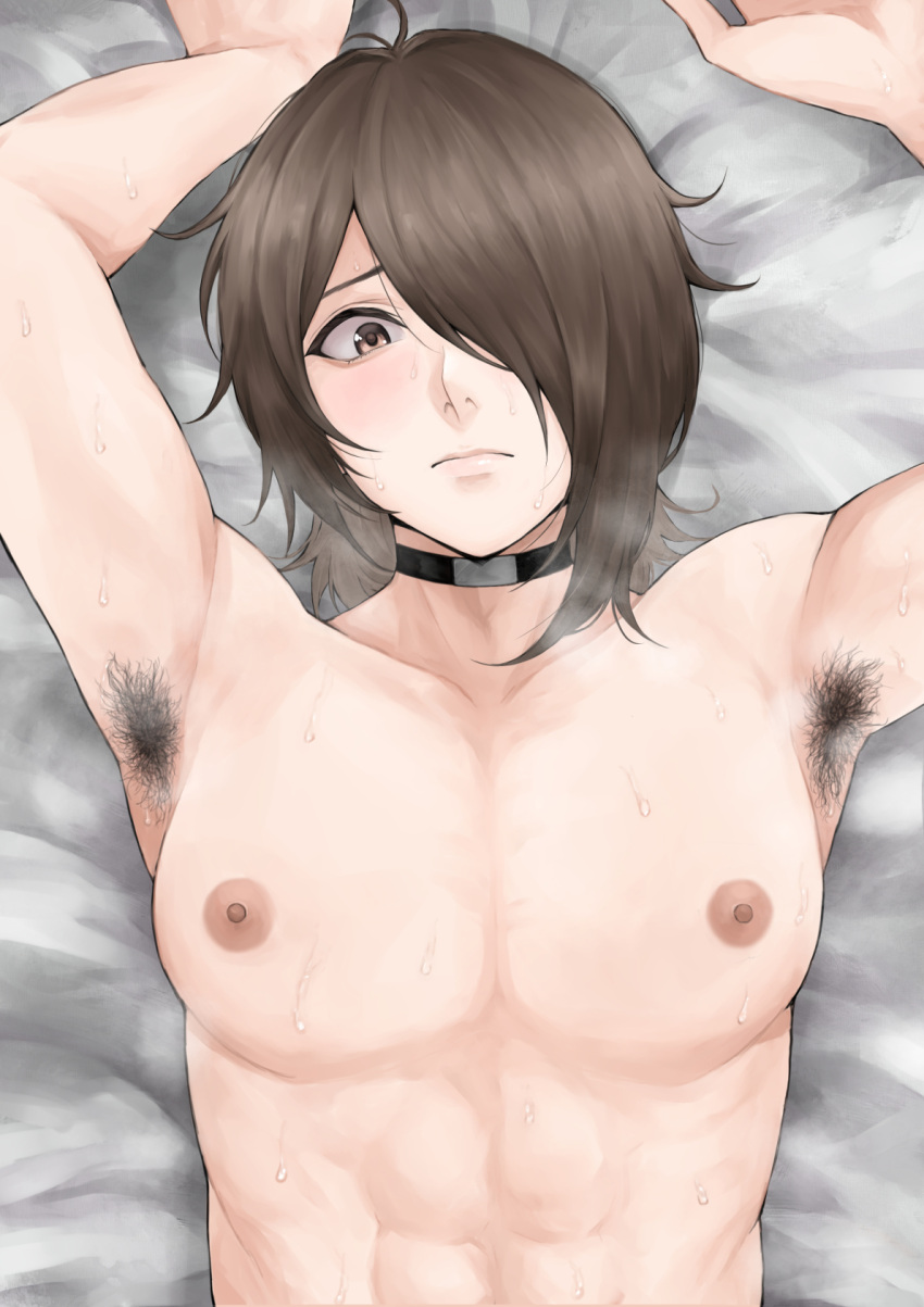 1boy abs androgynous armpit_hair armpits arms_up bed_sheet black_choker brown_eyes brown_hair choker from_above furrowed_brow hair_over_one_eye highres long_bangs lying manboobs medium_hair nervous nipples no10_direct nude on_back one_eye_covered original solo steaming_body sweat toned toned_male upper_body