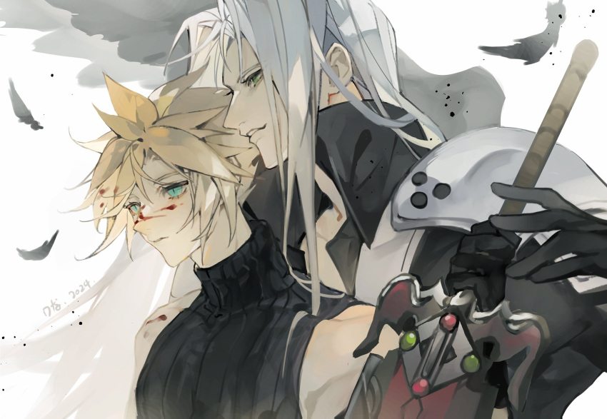 2boys alternate_eye_color arm_up armor black_coat black_feathers black_gloves black_sweater black_wings blonde_hair blood blood_in_hair blood_on_face cloud_strife coat commentary falling_feathers feathered_wings feathers final_fantasy final_fantasy_vii final_fantasy_vii_rebirth final_fantasy_vii_remake from_side gloves green_eyes grey_hair hand_up high_collar highres holding holding_sword holding_weapon long_bangs long_hair male_focus multiple_boys open_clothes open_coat parted_bangs parted_lips pauldrons ryona_kuma sephiroth short_hair shoulder_armor signature single_wing sleeveless sleeveless_sweater sleeveless_turtleneck slit_pupils smile spiked_hair sweater sword turtleneck turtleneck_sweater upper_body weapon white_background wings