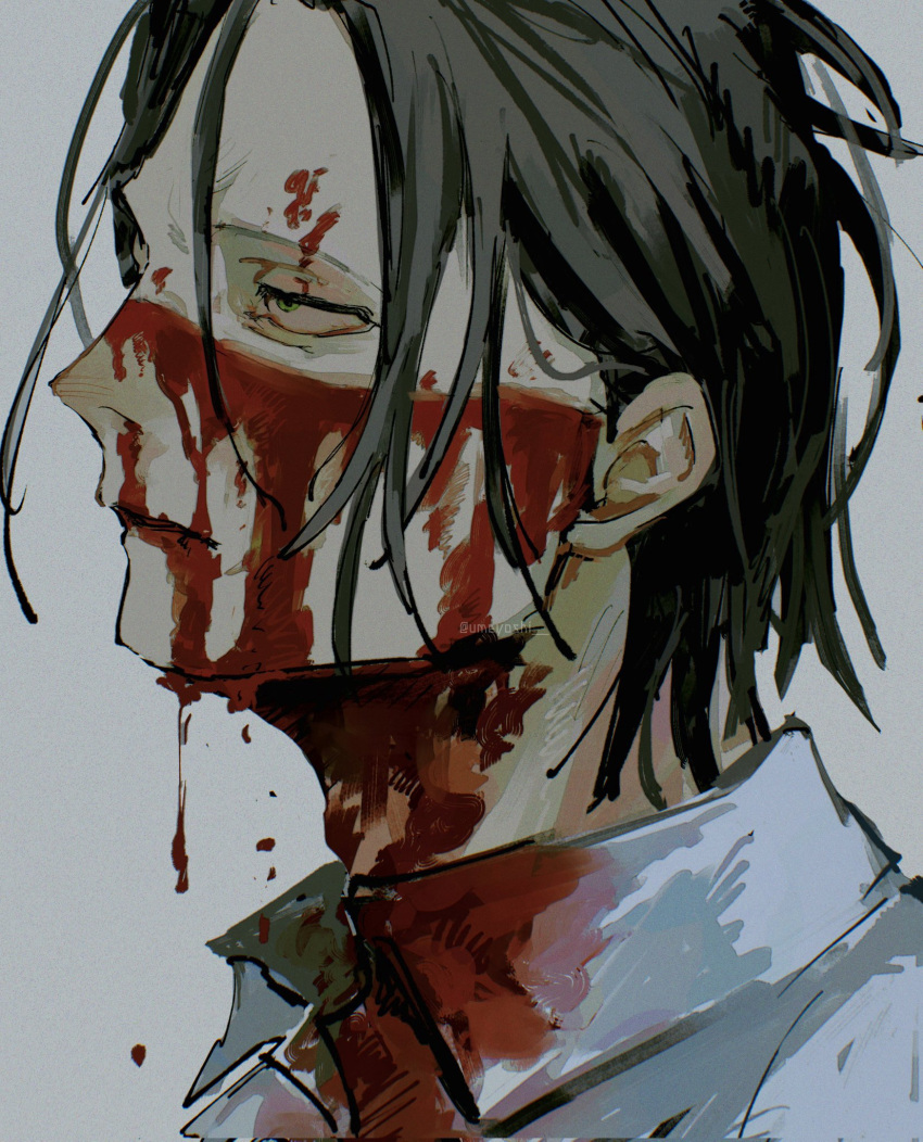 1boy a-p-orange0703 aged_down androgynous black_hair blood blood_drip blood_from_mouth blood_on_clothes blood_on_face close-up collared_shirt crocodile_(one_piece) expressionless from_side green_eyes grey_background hair_slicked_back highres jitome looking_ahead loose_hair_strand male_focus messy_hair nose nosebleed nostrils one_piece parted_lips profile sanpaku shirt short_hair simple_background solo twitter_username watermark white_background white_shirt