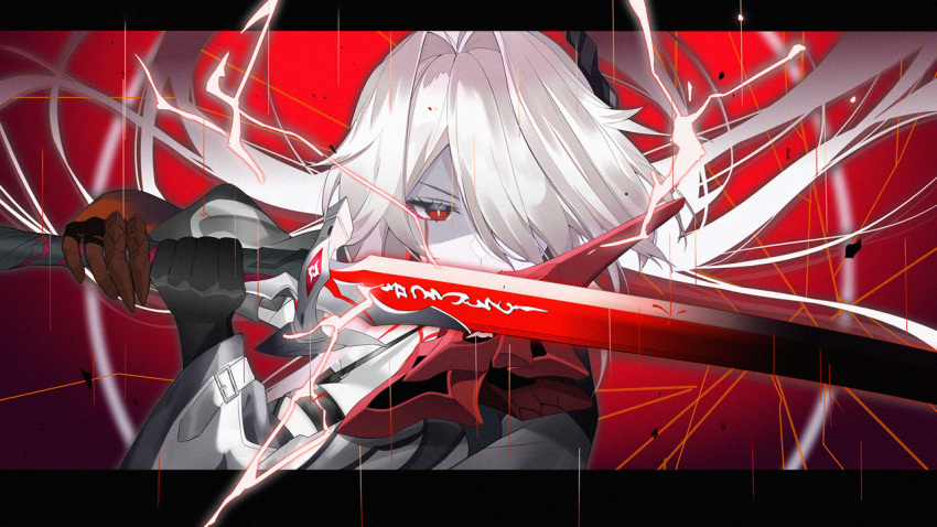 1girl acheron_(honkai:_star_rail) black_gloves commentary_request gloves hair_intakes hair_over_one_eye holding holding_sword holding_weapon honkai:_star_rail honkai_(series) katana letterboxed long_hair looking_at_viewer official_alternate_color red_eyes solo srpzk sword upper_body weapon white_hair