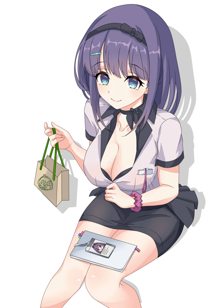 1girl absurdres bag black_skirt blue_eyes breasts cleavage collared_shirt feet_out_of_frame highres holding holding_bag large_breasts maxwelzy misora_(princess_connect!) pencil_skirt princess_connect! purple_hair purple_shirt scrunchie shirt short_sleeves simple_background skirt smile solo white_background wrist_scrunchie