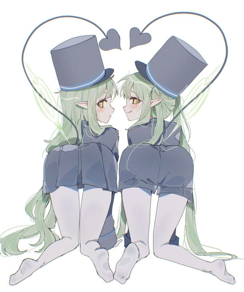 2girls all_fours artist_name ass ass_focus black_hat black_shorts black_skirt blue_archive commentary demon_girl demon_tail from_behind full_body green_hair green_halo halo hat heart_tail_duo highlander_sidelocks_conductor_(blue_archive) highlander_twintails_conductor_(blue_archive) highres long_hair long_sleeves looking_at_viewer looking_back multiple_girls no_shoes noyama_(prosiuttooishi) pantyhose peaked_cap pleated_skirt pointy_ears shorts simple_background skirt smirk tail twintails twitter_username very_long_hair white_background white_pantyhose yellow_eyes