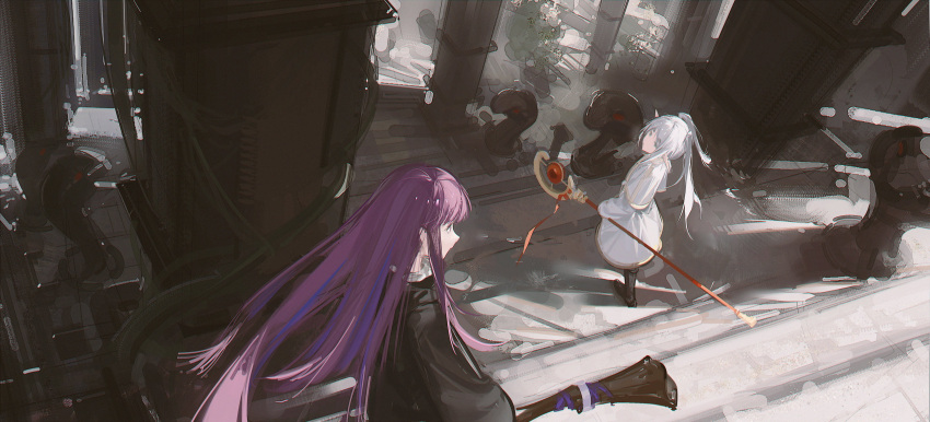 2girls absurdres black_robe boboyo capelet dangle_earrings dress drop_earrings earrings elf fern_(sousou_no_frieren) frieren from_above green_eyes highres holding holding_staff indoors jewelry mage_staff multiple_girls pillar pointy_ears purple_eyes purple_hair robe sousou_no_frieren staff stairs straight_hair twintails white_capelet white_dress