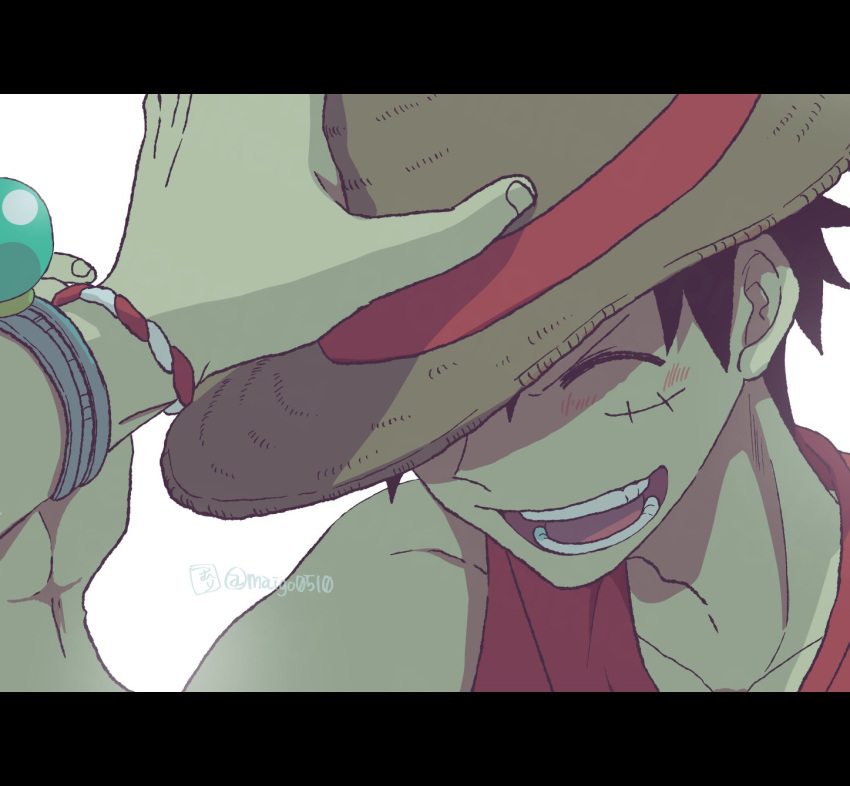 2boys ^_^ black_hair bracelet close-up closed_eyes from_above hand_on_another's_headwear hat highres jewelry letterboxed log_pose maigo0510 male_focus monkey_d._luffy multiple_boys one_piece open_mouth portgas_d._ace scar scar_on_face short_hair smile straw_hat twitter_username