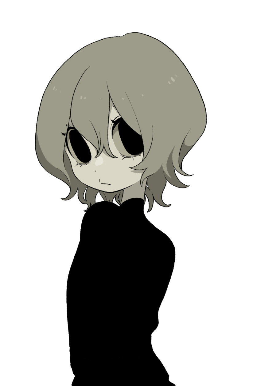 1girl black_eyes black_shirt closed_mouth dot_nose grey_hair greyscale hair_between_eyes highres looking_at_viewer monochrome no_pupils original panda23577667 shirt simple_background solo turning_head upper_body white_background