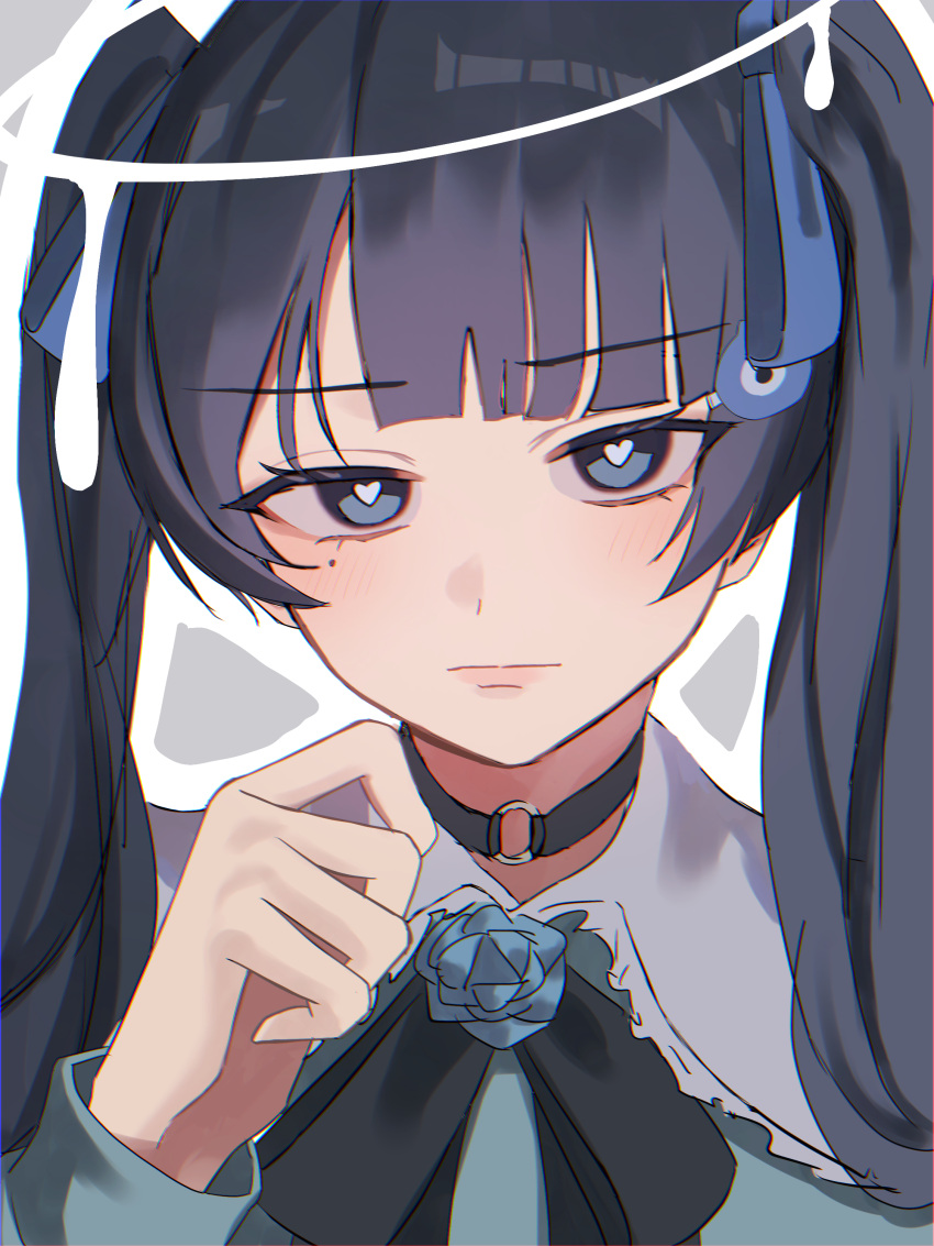 1girl absurdres ado_(utaite) black_bow black_bowtie black_choker black_hair blue_eyes blue_flower blue_ribbon blue_rose blue_shirt blunt_bangs blush bow bowtie chando_(ado) choker choppy_bangs closed_mouth cloud_nine_inc commentary darling_dance_(vocaloid) flower flower_brooch hair_ribbon halo heart heart-shaped_pupils highres long_hair long_sleeves mole mole_under_eye o-ring o-ring_choker outline ribbon rose shirt solo symbol-shaped_pupils tsukuno_tsuki upper_body utaite white_outline