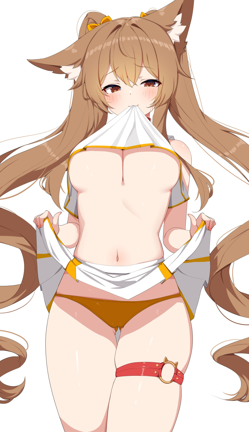 1girl absurdres animal_ears ass_visible_through_thighs bare_arms bare_shoulders breasts brown_hair closed_mouth clothes_lift commission cowboy_shot crop_top crop_top_overhang crotch_seam fang fox_ears gold_trim highres large_breasts lifted_by_self long_hair looking_at_viewer midriff miniskirt mouth_hold navel no_bra orange_eyes orange_panties original panties pleated_skirt shirt shirt_lift simple_background skindentation skirt skirt_lift sleeveless sleeveless_shirt smile solo standing stomach sweatdrop thigh_gap thigh_strap thighs twintails underboob underwear very_long_hair w.k wavy_hair white_background white_shirt white_skirt