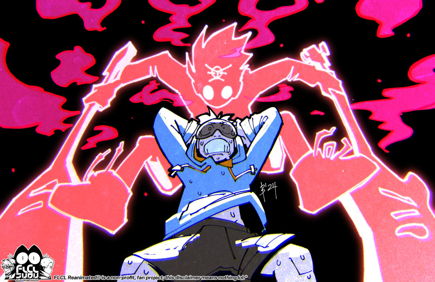 1boy alien atomsk blue_hoodie brown_shorts clenched_teeth dark electric_guitar flcl goggles guitar hands_on_own_head highres hood hoodie instrument nandaba_naota sheepslaps shorts teeth