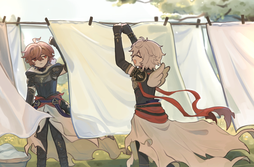 2boys :d ahoge armor arms_up breastplate brown_hair cape closed_eyes clothesline elbow_gloves english_commentary expressionless fingerless_gloves floating_cape forest from_behind full_body gloves granblue_fantasy hair_between_eyes highres hood hood_down laundry lucifer_(shingeki_no_bahamut) male_focus messy_hair multiple_boys nature red_eyes red_ribbon ribbon sandalphon_(granblue_fantasy) schw3iss_b short_hair smile white_cape white_hair wind