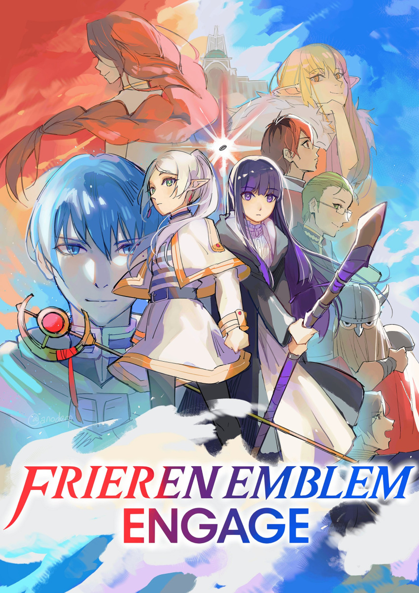 absurdres anocurry box_art brand_name_imitation character_name earrings eisen_(sousou_no_frieren) elf english_text fake_box_art fern_(sousou_no_frieren) fire_emblem fire_emblem_engage flamme_(sousou_no_frieren) frieren green_eyes highres himmel_(sousou_no_frieren) jewelry long_hair long_sleeves multiple_girls parody parted_bangs pointy_ears serie_(sousou_no_frieren) sousou_no_frieren stark_(sousou_no_frieren) twintails white_hair