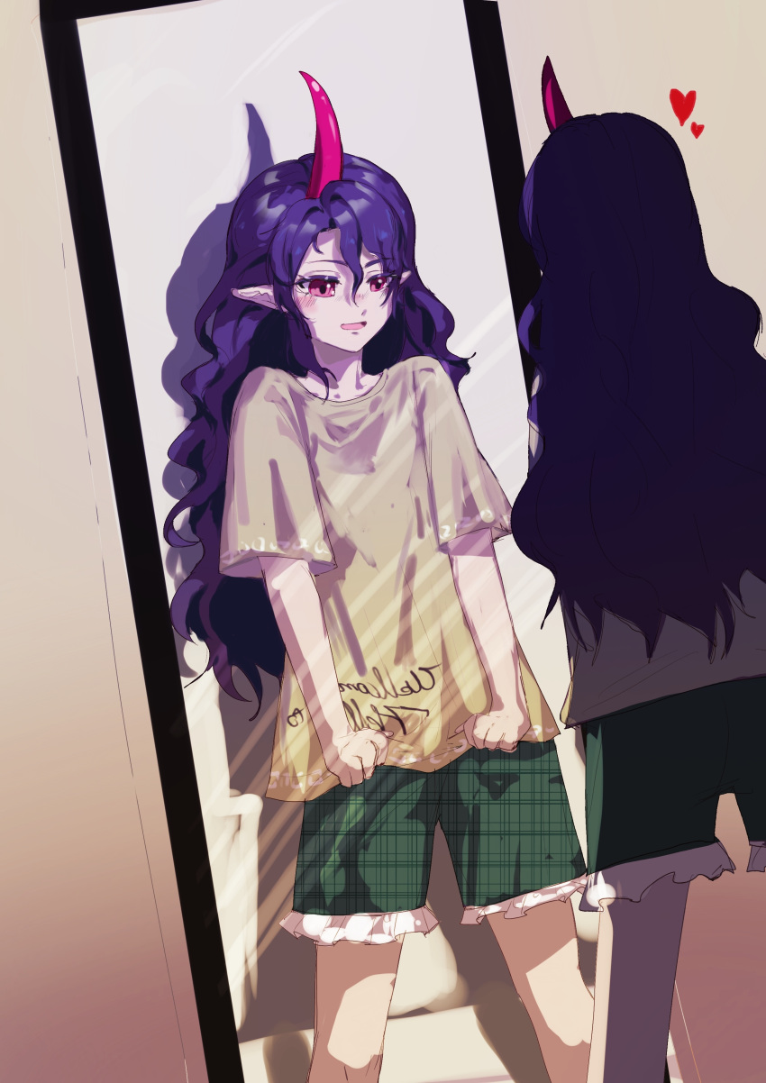 1girl absurdres flat_chest frilled_shorts frills full-length_mirror green_shorts heart highres horns long_hair looking_at_mirror mirror open_mouth pink_eyes pink_horns plaid plaid_shorts pointy_ears purple_hair shirt short_sleeves shorts single_horn smile tenkajin_chiyari touhou voyager13 wavy_hair yellow_shirt