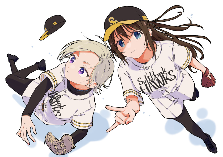 2girls \m/ baseball_mitt baseball_uniform black_footwear black_hat black_pantyhose black_shirt black_undershirt blonde_hair blue_eyes brown_hair closed_mouth commentary_request dated fukuoka_softbank_hawks hat highres long_hair long_sleeves looking_at_viewer love_live! love_live!_nijigasaki_high_school_idol_club mia_taylor multiple_girls nippon_professional_baseball osaka_shizuku pantyhose purple_eyes shirt shoes short_hair short_sleeves sidelocks signature sportswear sweat unworn_hat unworn_headwear yurine_(mmmiso_souppp)