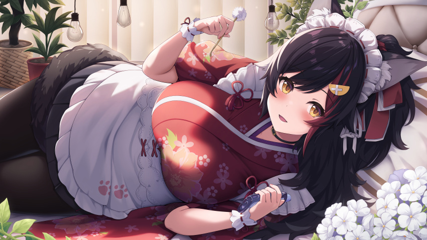 1girl absurdres animal_ears apron black_hair black_pantyhose blush breasts floral_print_kimono hair_ornament hairpin highres hololive japanese_clothes kimono large_breasts light_bulb long_hair looking_at_viewer multicolored_hair official_alternate_costume ookami_mio ookami_mio_(new_year) open_mouth pantyhose plant ponytail potted_plant red_hair red_kimono smile solo streaked_hair tail tail_around_own_leg tousaki_(tousakiworks) virtual_youtuber white_apron wolf_ears wolf_girl wolf_tail yellow_eyes