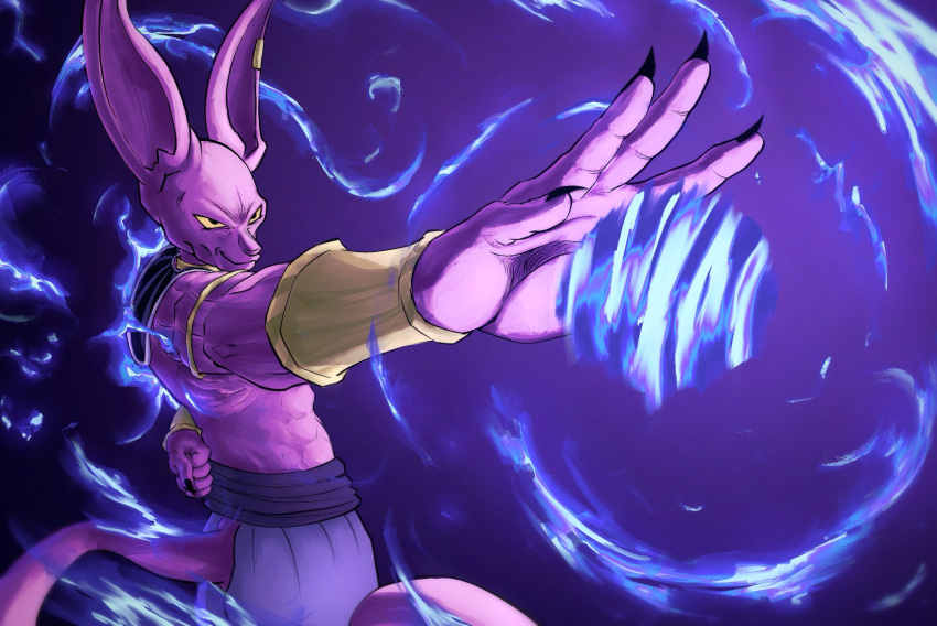 1boy alien arm_behind_back armlet bald beerus brace colored_skin cowboy_shot derivative_work dragon_ball dragon_ball_super earrings egyptian_clothes energy_ball fingernails foreshortening furry furry_male highres jewelry jujutsu_kaisen looking_to_the_side male_focus outstretched_arm powering_up purple_skin screencap_redraw sharp_fingernails single_earring smile smirk solo standing sydoria topless_male