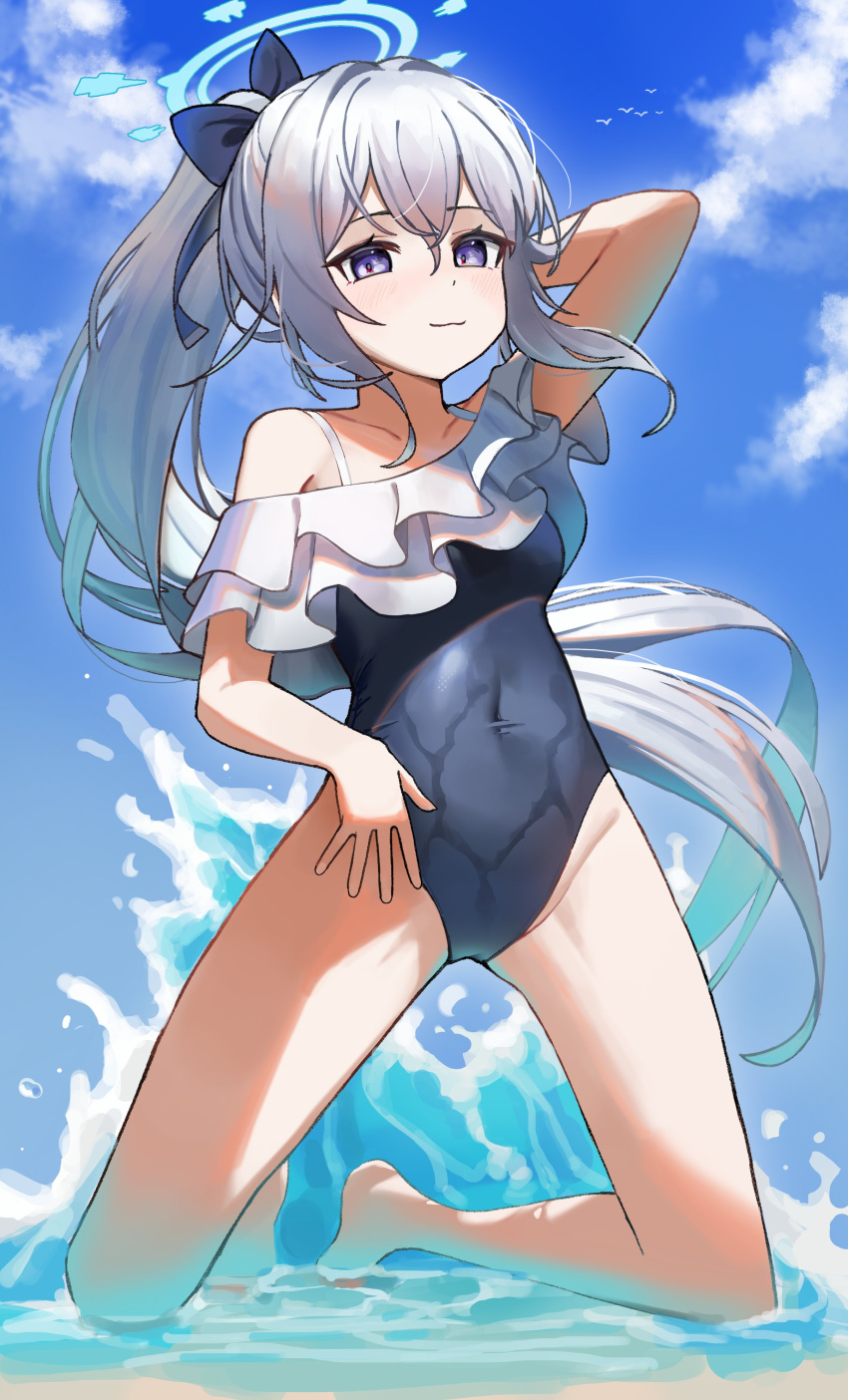 1girl :3 absurdres arm_behind_head bare_shoulders barefoot beach blue_archive blue_bow blue_eyes blue_one-piece_swimsuit blue_sky bow breasts closed_mouth cloud collarbone commentary covered_navel day frilled_one-piece_swimsuit frills grey_hair hair_bow halo highres kneeling legs_apart medium_breasts miyako_(blue_archive) miyako_(swimsuit)_(blue_archive) momocadraw ocean official_art one-piece_swimsuit outdoors ponytail sand sky smile solo sunlight swimsuit thighs waves
