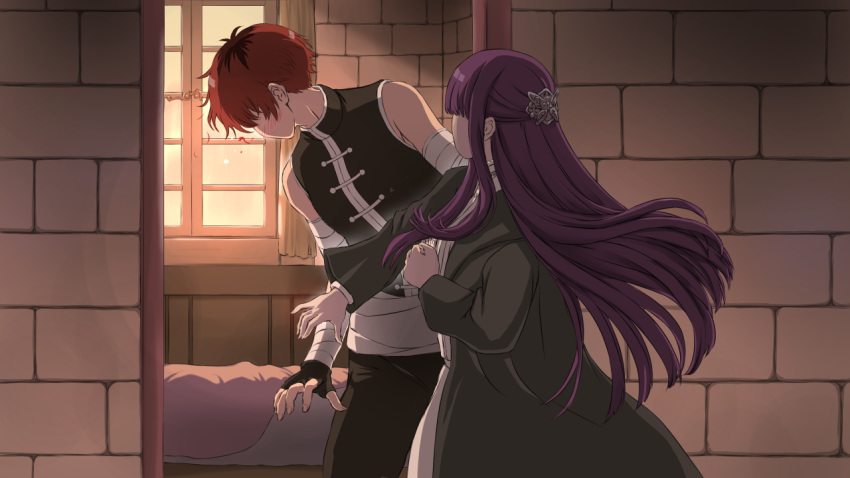 1boy 1girl bandaged_arm bandages bed black_coat black_gloves black_pants coat commentary_request dress fern_(sousou_no_frieren) fingerless_gloves gloves indoors long_hair long_sleeves meme pants purple_hair red_hair shirt short_hair slapping sleeveless sleeveless_shirt sonota_taisei sousou_no_frieren stark_(sousou_no_frieren) white_dress will_smith_slapping_chris_rock_(meme)