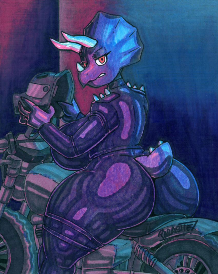 2024 3_horns 4_fingers anthro armor artist_name big_breasts big_butt blue_body blue_scales breasts bubble_butt butt ceratopsian curvy_figure dinosaur dynopunk dysella_(dynopunk) eyelashes female fingers frill_(anatomy) graphite_(artwork) headgear helmet hi_res horn huge_breasts huge_butt huge_thighs looking_at_viewer looking_back looking_back_at_viewer marker_(artwork) motorcycle multi_horn ornithischian parasitedeath pencil_(artwork) pink_eyes racing_suit reptile scales scalie short_tail signature sitting solo spiked_tail spikes spikes_(anatomy) tail thick_thighs traditional_media_(artwork) triceratops vehicle voluptuous wide_hips