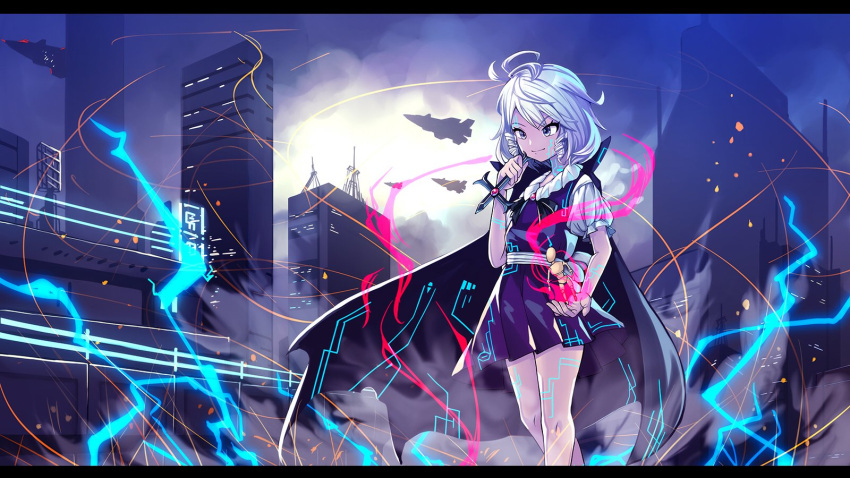 1girl aura black_cape cape commentary_request cross electricity grey_eyes grey_hair high_collar highres holding holding_cross muse_(seihou) outdoors puffy_short_sleeves puffy_sleeves purple_hair purple_vest seihou shirt short_sleeves solo standing tamagokake_candy vest white_shirt