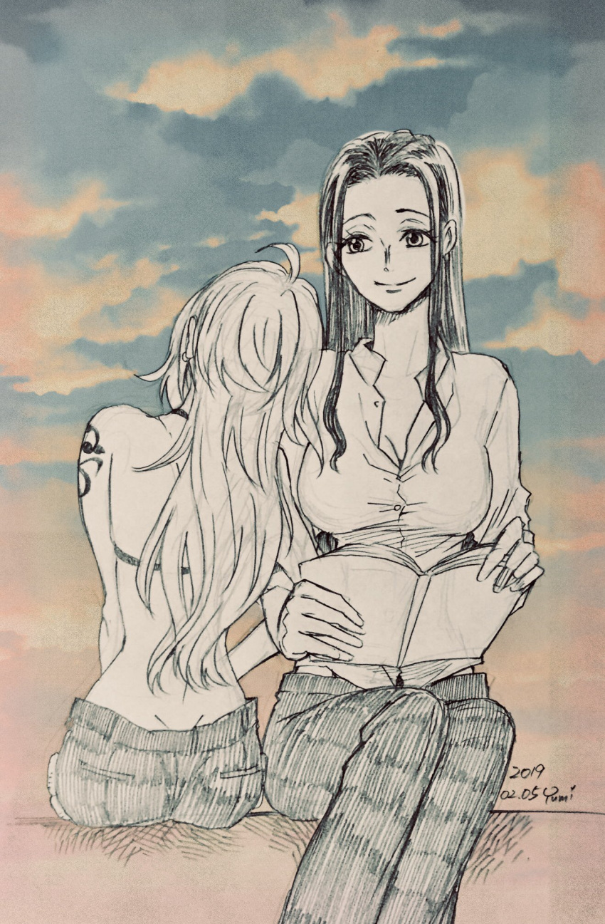 2019 2girls ahoge arm_tattoo artist_name back bikini bikini_top_only book collared_shirt commentary_request dated greyscale greyscale_with_colored_background hanakotoba28 head_on_another's_shoulder highres holding holding_book long_hair looking_to_the_side monochrome multiple_girls nami_(one_piece) nico_robin one_piece shirt sidelocks sitting sky swimsuit tattoo