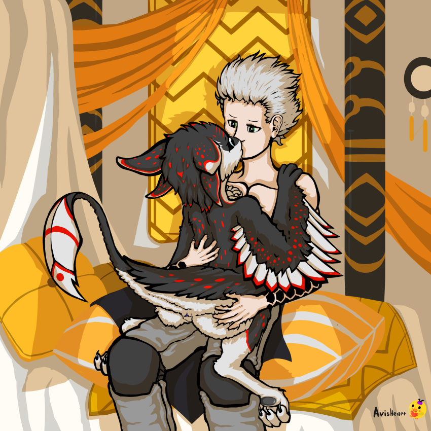 anthro avali avisheart clothing cuddling detailed_background duo feathers feet female hi_res hindpaw hug human jesashi kissing lazar male male/female mammal multi_ear paws pillow starbound tail tailbutt wings