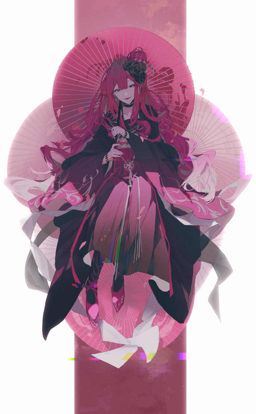 1girl absurdres acidxeno baobhan_sith_(fate) black_choker black_eyes black_kimono black_pantyhose blunt_bangs character_request check_character chinese_commentary choker commentary_request curly_hair double-parted_bangs eyeshadow fate/grand_order fate_(series) fingernails flower flower_knot full_body glitch hair_flower hair_intakes hair_ornament hakama hakama_skirt highres holding holding_umbrella invisible_chair japanese_clothes kimono long_hair looking_at_viewer makeup obi obijime oil-paper_umbrella open_mouth pantyhose parasol pink_background pink_eyeshadow pink_nails purple_footwear purple_hair purple_skirt sash sharp_fingernails shoes simple_background sitting skirt smile solo two-tone_background umbrella wavy_hair wide_sleeves