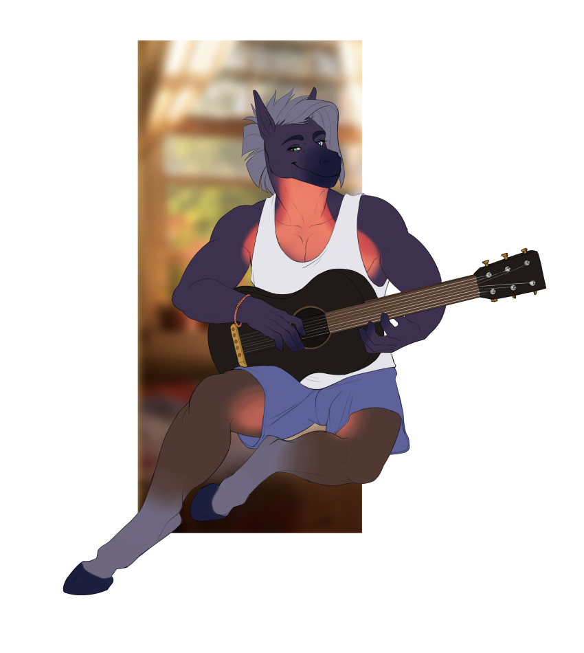 absurd_res anthro bottomwear clothing equid equine guitar hi_res hooves horse male mammal mordorinka muscular musical_instrument plucked_string_instrument shirt smile solo string_instrument tank_top topwear