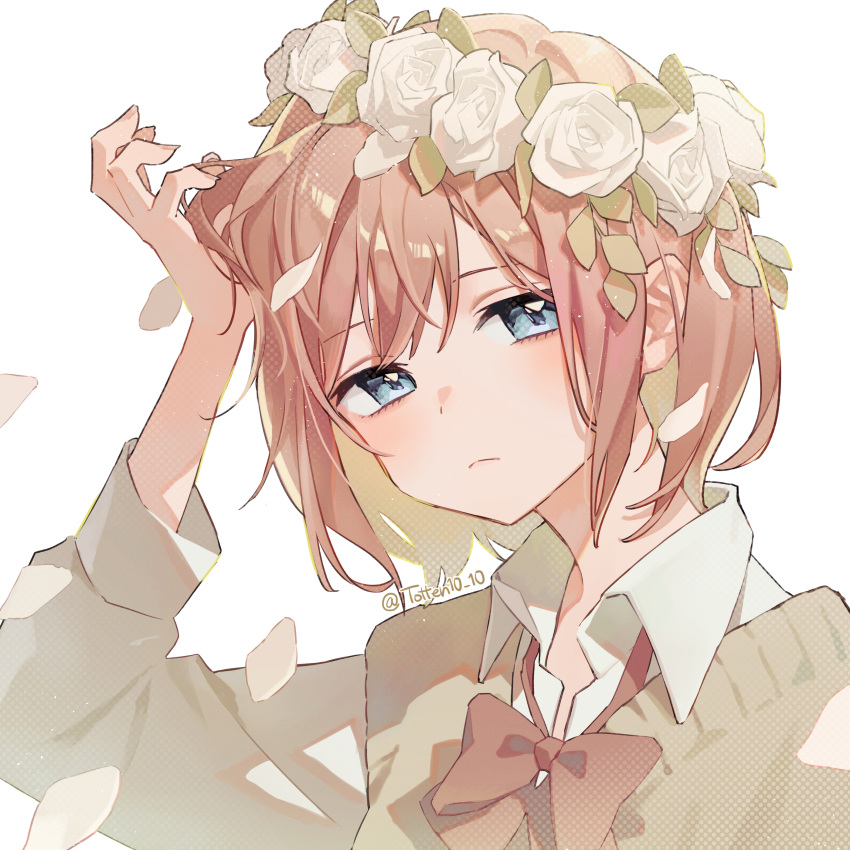 1girl absurdres artist_name bags_under_eyes blonde_hair blue_eyes bow bowtie brown_vest collared_shirt colored_inner_hair dress_shirt falling_petals flower hair_between_eyes hand_on_own_head head_tilt head_wreath highres light_frown looking_at_viewer multicolored_hair original petals pink_hair portrait red_bow red_bowtie rose school_uniform shirane_rine shirt short_hair sidelocks simple_background two-tone_hair vest white_background white_flower white_rose white_shirt