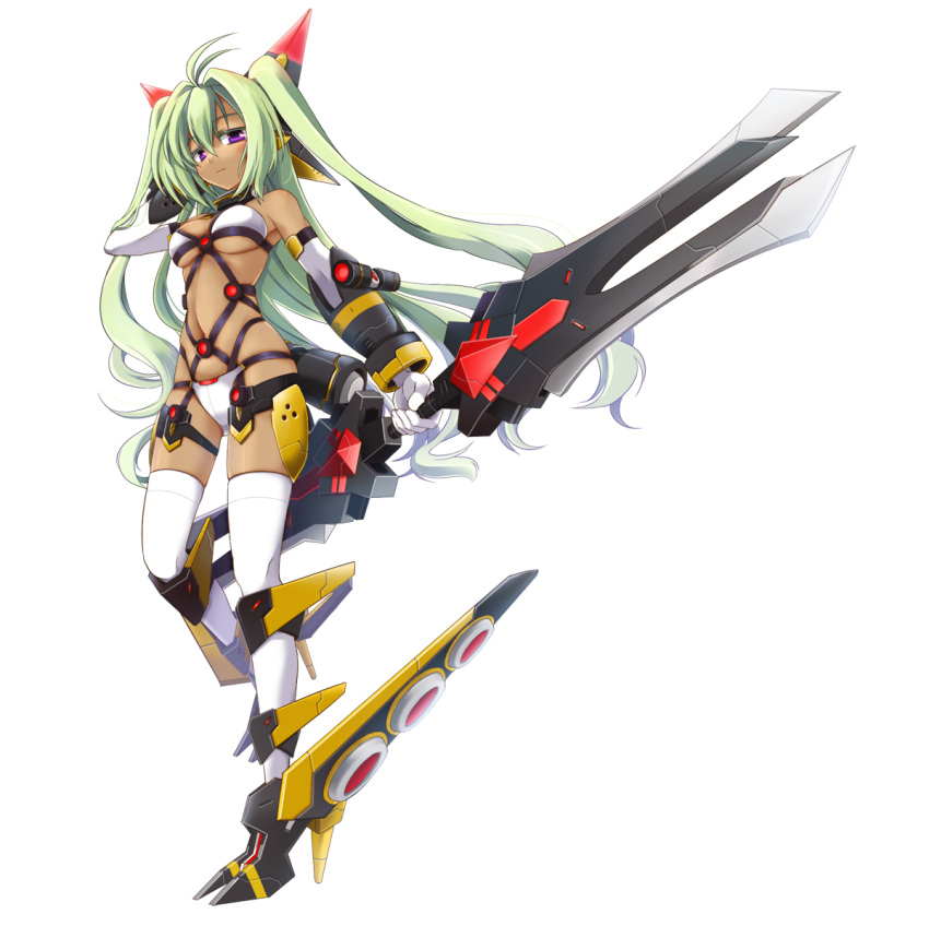 1girl :| artist_request closed_mouth cosmic_break cosmic_break_2 dark-skinned_female dark_skin detached_sleeves double-blade green_hair hair_between_eyes hand_in_own_hair headpiece high_heels highres holding holding_weapon long_hair looking_at_viewer mecha_musume naktasha navel panties purple_eyes thigh_strap thighhighs third-party_source twintails underwear very_long_hair weapon white_panties white_thighhighs