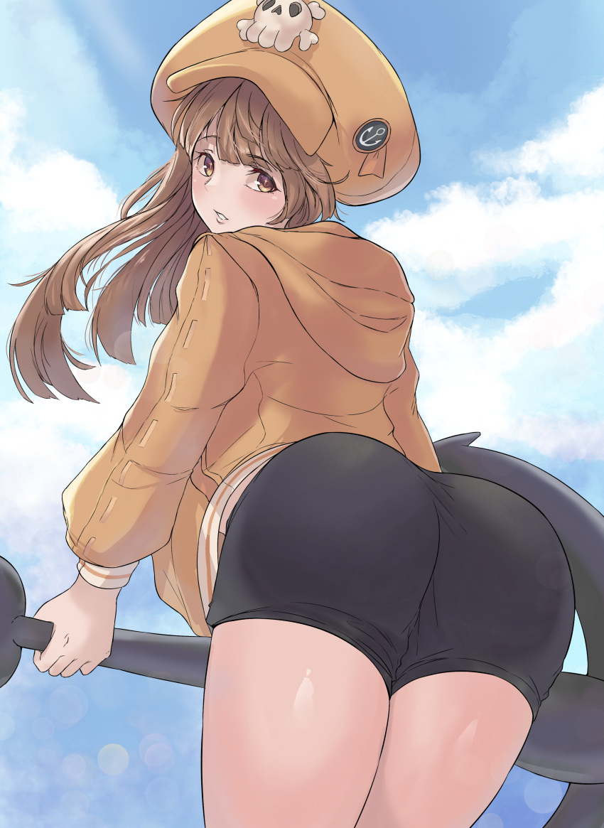 1girl absurdres anchor ass black_shorts blue_sky brown_eyes brown_hair cabbie_hat calmgreentori cloud guilty_gear guilty_gear_strive hair_between_eyes hat highres hood hoodie jacket long_hair long_sleeves looking_at_viewer looking_back may_(guilty_gear) orange_hat orange_hoodie orange_jacket parted_lips shorts skull sky solo thighs