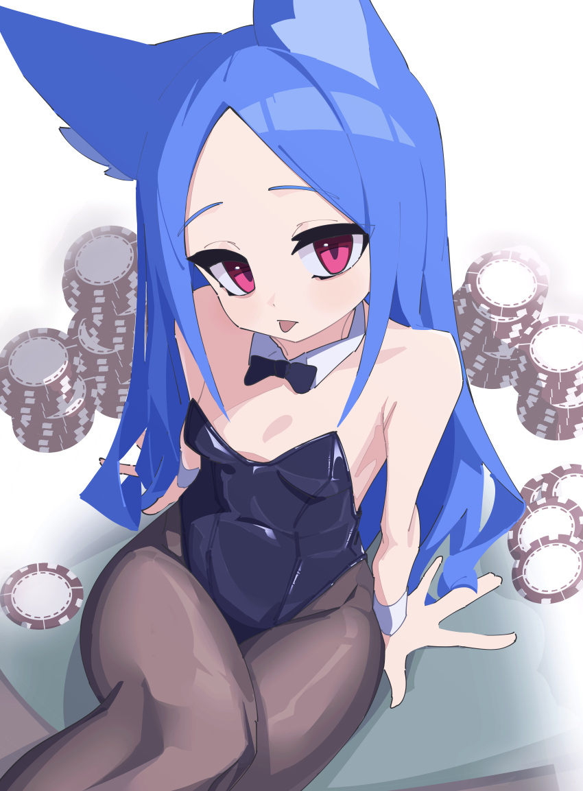 1girl absurdres animal_ears bow bowtie breasts fox_ears highres long_hair looking_at_viewer myakuro original playboy_bunny poker_chip poker_table red_eyes sitting small_breasts solo table tongue tongue_out