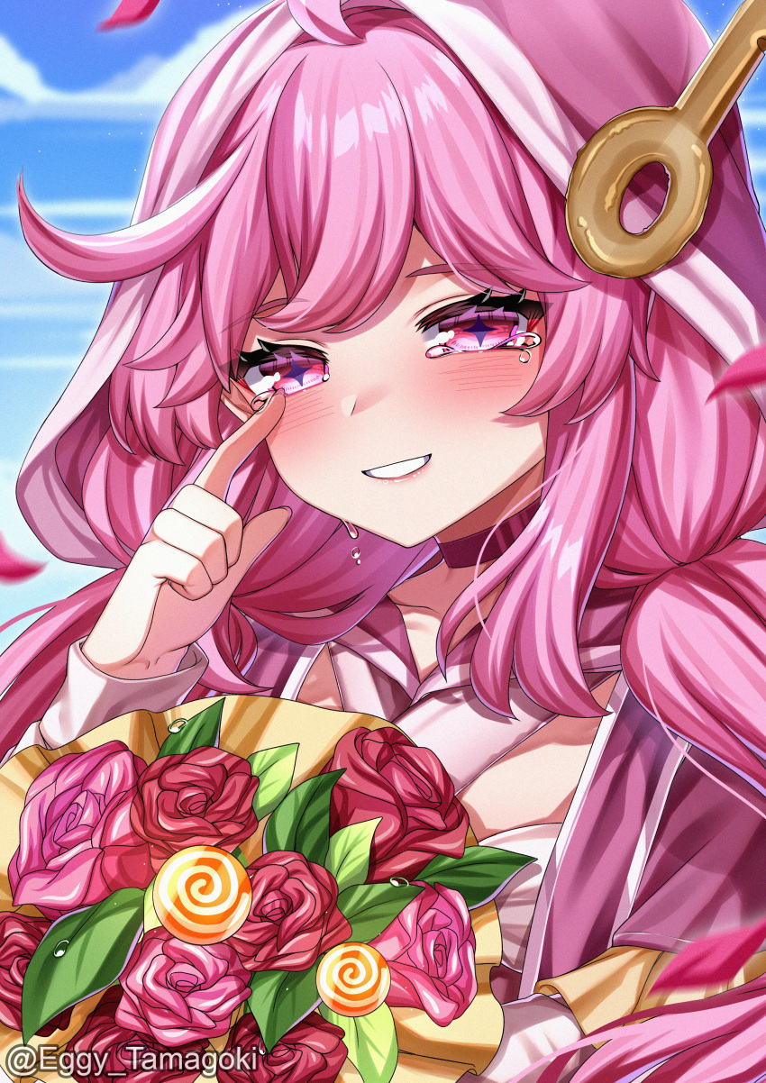 1girl absurdres ahoge blush bouquet breasts choker cloud collarbone crying crying_with_eyes_open eggy_tamagoki eien_project flower hair_ornament highres kiki_lockheart long_hair multicolored_hair pink_choker pink_flower pink_hair pink_rose red_flower red_rose rose sky smile solo streaked_hair symbol-shaped_pupils tears twitter_username upper_body virtual_youtuber white_hair
