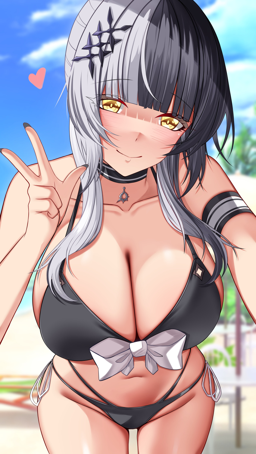 1girl absurdres armband beach bikini black_bikini black_choker black_hair blue_sky blunt_bangs blurry breasts choker closed_mouth cloud collarbone commission english_commentary hair_ornament heart highres hololive hololive_english large_breasts leaning leaning_forward long_hair makudesu navel ocean shiori_novella sidelocks sky smile solo standing swimsuit v yellow_eyes