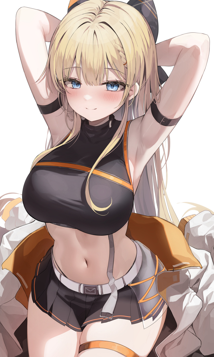 1girl absurdres arm_belt arm_strap armpits arms_behind_head arms_up bare_shoulders belt black_shirt black_skirt blonde_hair blue_eyes blush bow braid breasts chimyo closed_mouth commission cowboy_shot crop_top hair_bow highres jacket large_breasts long_hair looking_at_viewer midriff miniskirt navel original panty_straps pleated_skirt second-party_source shirt sidelocks simple_background skindentation skirt sleeveless sleeveless_shirt smile solo sonya_(schan) spaghetti_strap stomach taut_clothes taut_shirt thigh_strap thighs unworn_jacket very_long_hair white_background white_jacket