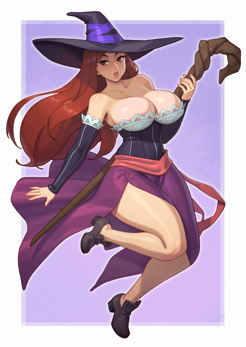 1girl absurdres bare_shoulders breasts brown_eyes cleavage detached_sleeves dragon's_crown dress hat highres large_breasts long_hair open_mouth parted_lips riz solo sorceress_(dragon's_crown) staff strapless strapless_dress thick_thighs thighs wide_hips witch_hat