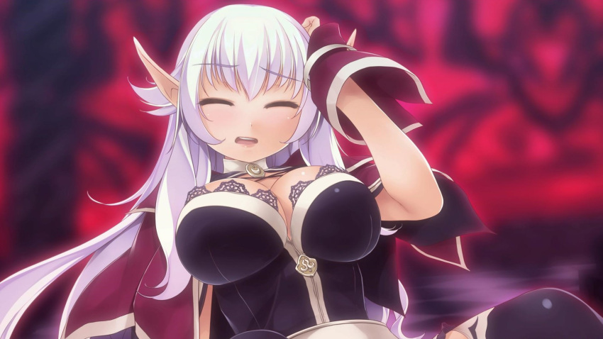 1girl atelier-moo breasts cleavage cloak closed_eyes collar dark_elf detached_sleeves elf hair_between_eyes hand_on_own_head highres large_breasts long_hair long_pointy_ears narrow_waist open_mouth pointy_ears purple_cloak purple_hair silvia_milsteen sitting thighhighs tooth very_long_hair wizards_symphony