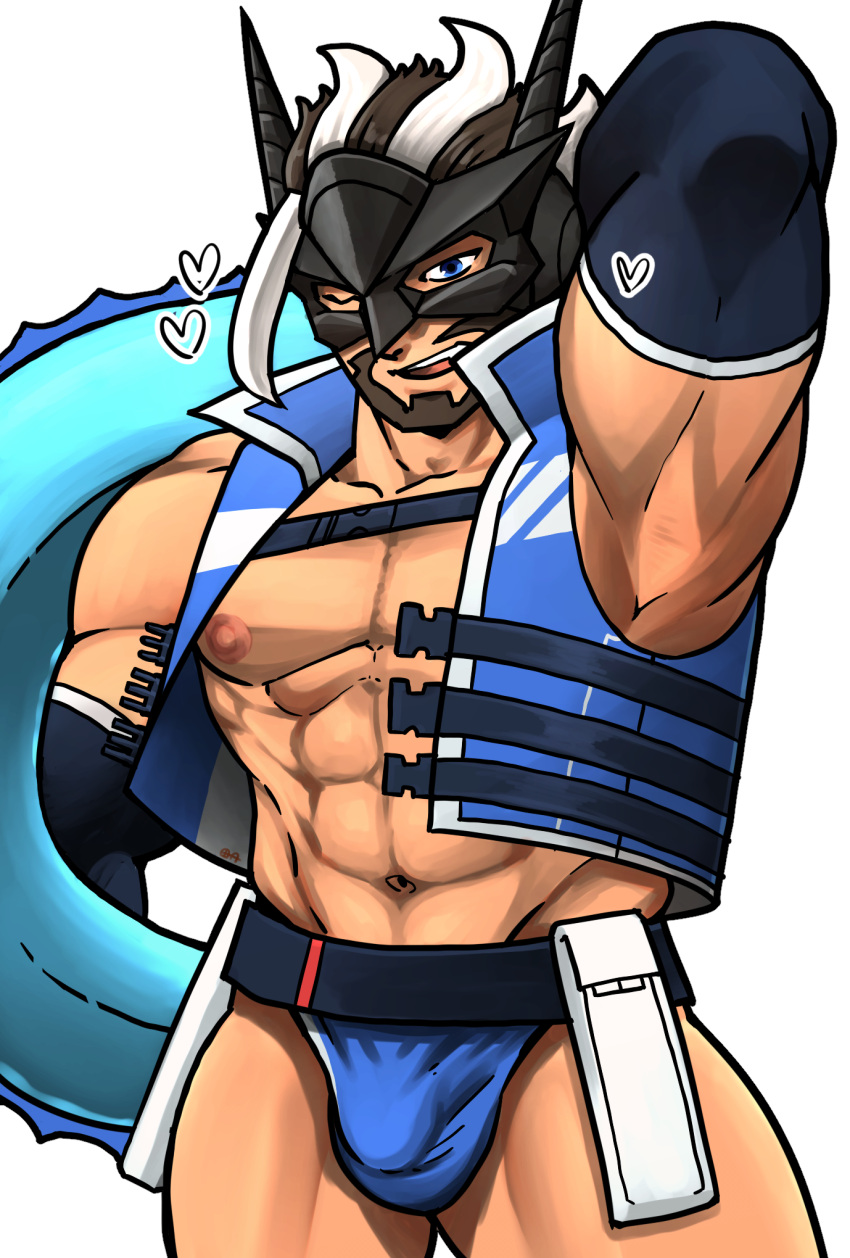 1boy abs armpits artist_request bara bare_pectorals blue_innertube blue_male_swimwear bulge cowboy_shot hair_slicked_back highres large_pectorals looking_at_viewer male_focus male_swimwear mature_male multicolored_hair muscular muscular_male navel nipples official_alternate_costume oscar_(housamo) pectorals smile solo standing swim_briefs thick_eyebrows thick_thighs thighs tokyo_afterschool_summoners two-tone_hair white_hair
