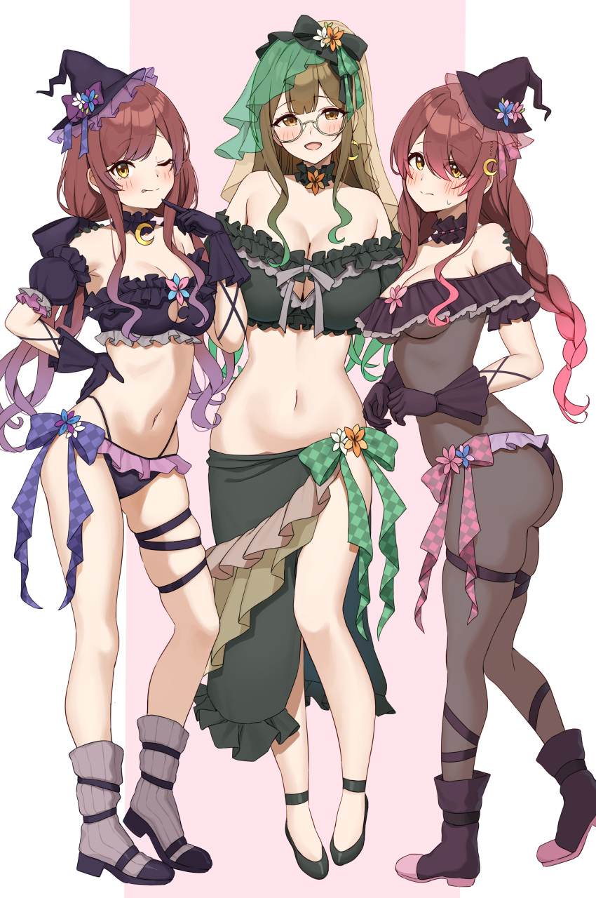 3girls absurdres ahoge alstroemeria_(idolmaster) ass bare_shoulders bikini black_gloves black_panties blunt_bangs blush bodystocking braid breasts brown_eyes brown_hair choker cleavage cleavage_cutout closed_mouth clothing_cutout collarbone crescent crescent_choker crescent_hair_ornament detached_sleeves dot_nose earrings finger_to_mouth frilled_bikini frilled_choker frilled_gloves frilled_shirt frilled_skirt frills full_body glasses gloves gradient_hair green_shirt green_skirt hair_between_eyes hair_ornament hand_on_own_hip hand_up hat high_ponytail highres idolmaster idolmaster_shiny_colors index_finger_raised jewelry kuwayama_chiyuki large_breasts long_hair looking_at_viewer low_twintails medium_breasts midriff mini_hat multicolored_hair multiple_girls navel official_alternate_hairstyle one_eye_closed open_mouth osaki_amana osaki_tenka panties puffy_short_sleeves puffy_sleeves purple_bikini purple_hair purple_shirt red_hair ribbed_legwear round_eyewear shirt short_sleeves siblings single_braid sisters skindentation skirt smile socks standing swept_bangs swimsuit thigh_strap thighs tongue tongue_out twin_braids twins twintails underboob underwear wanimaru witch_hat yellow_eyes