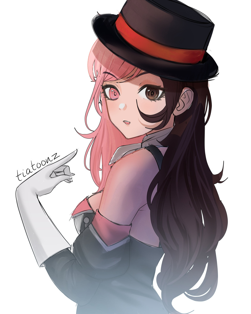 1girl absurdres bare_shoulders black_hair black_hat breasts brown_eyes commentary detached_sleeves fedora gloves hat heterochromia highres juliet_sleeves long_hair long_sleeves looking_at_viewer multicolored_hair neo_politan parted_lips pink_eyes pink_hair puffy_sleeves rwby simple_background small_breasts solo swept_bangs tiatoonz two-tone_hair upper_body very_long_hair white_background white_gloves