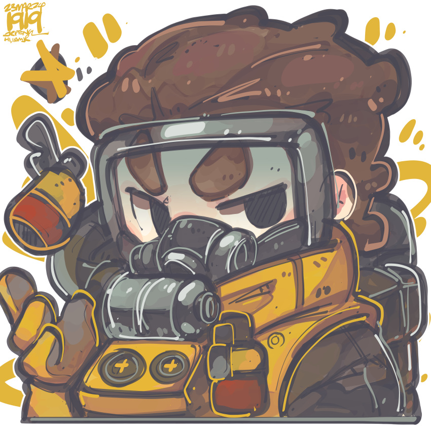 1boy absurdres apex_legends black_eyes brown_hair caustic_(apex_legends) gas_grenade gas_mask gloves goggles hair_behind_ear hazmat_suit highres jrpencil looking_to_the_side male_focus mask portrait solo yellow_gloves