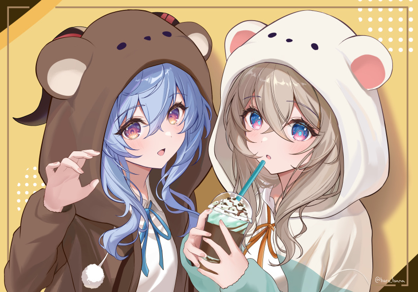 2girls :o absurdres alternate_costume animal_hood artist_name blonde_hair blue_eyes blue_hair blue_ribbon brown_pajamas commentary crossed_bangs cup disposable_cup drinking_straw firefly_(honkai:_star_rail) ganyu_(genshin_impact) genshin_impact goat_horns hair_between_eyes hand_up hands_up harukix highres holding holding_cup honkai:_star_rail honkai_(series) hood hood_up hooded_pajamas horns long_hair long_sleeves looking_at_viewer mihoyo milkshake multicolored_eyes multiple_girls neck_ribbon open_mouth open_pajamas orange_ribbon pajamas pink_eyes pom_pom_(clothes) purple_eyes ribbon shirt upper_body white_pajamas white_shirt