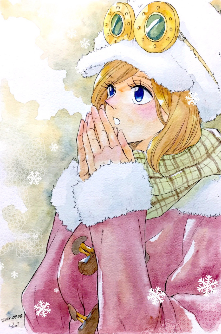 1girl 2018 artist_name blue_eyes blush coat dated fur-trimmed_sleeves fur_trim goggles goggles_on_headwear hanakotoba28 hat highres koala_(one_piece) light_brown_hair looking_up one_piece pink_coat profile scarf short_hair signature snowflakes solo swept_bangs upper_body white_hat