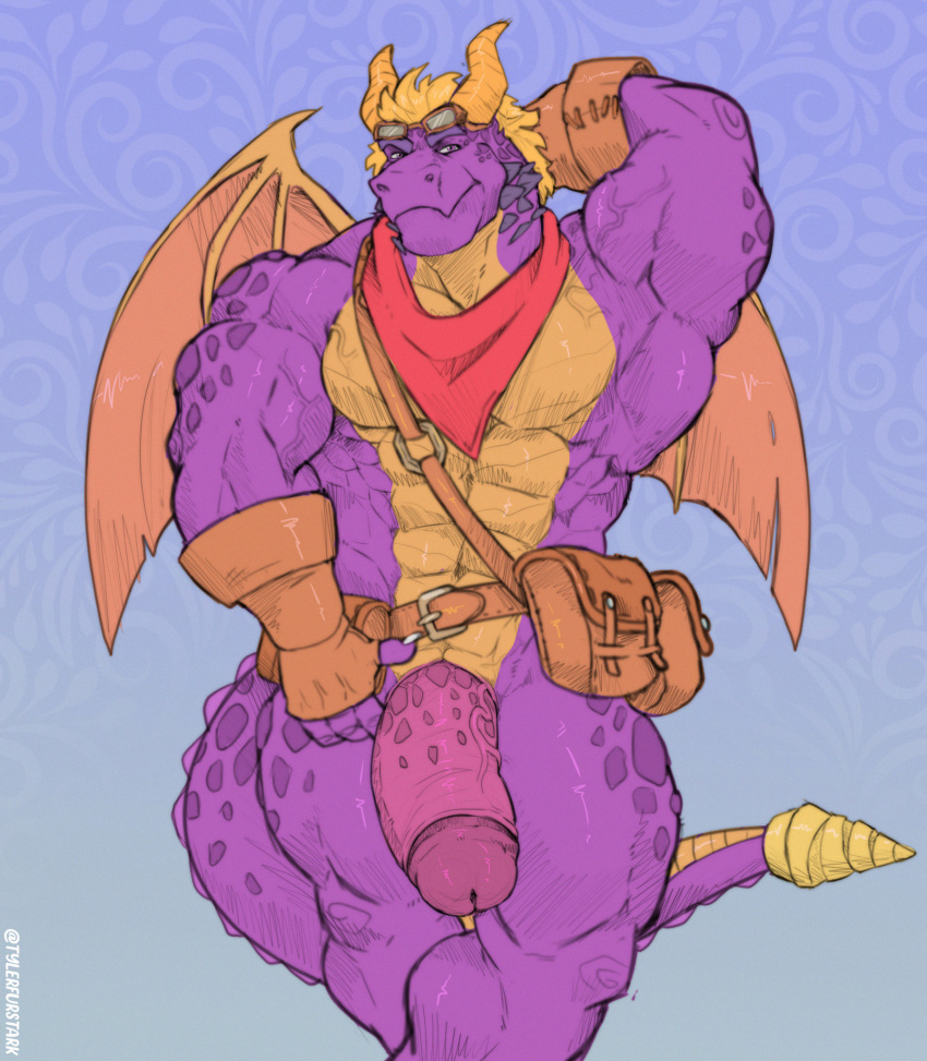 abs activision animal_genitalia anthro biceps dragon genital_slit genitals hi_res male muscular muscular_anthro muscular_male mythological_creature mythological_scalie mythology pecs penis purple_body purple_scales scales scalie solo spyro spyro_the_dragon tail tylerstark vein veiny_muscles veiny_penis wings