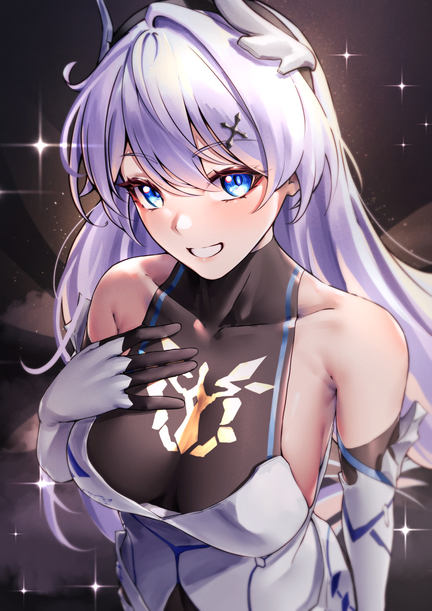 1girl absurdres bare_shoulders blue_eyes breasts commentary_request dress elbow_gloves gloves grin hair_ornament highres honkai_(series) honkai_impact_3rd kiana_kaslana large_breasts long_hair looking_at_viewer pyeong-il_pyeongil sleeveless sleeveless_dress smile solo upper_body very_long_hair white_dress white_gloves white_hair