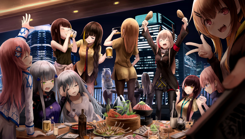 404_(girls_frontline) 6+girls alcohol anti-rain_(girls_frontline) beer beer_bottle beer_mug character_request city_lights cityscape clothes_around_waist commentary dinner drinking drumsticks drunk eyepatch eyes_closed fish food fried_chicken g11_(girls_frontline) galil_(girls_frontline) girls_frontline heterochromia hexagram highres hk416_(girls_frontline) jack_daniel's jack_daniel's jacket_around_waist knoy3356 m16a1_(girls_frontline) m4_sopmod_ii_(girls_frontline) m4a1_(girls_frontline) multiple_girls nabe necktie negev_(girls_frontline) party ro635_(girls_frontline) sleepy st_ar-15_(girls_frontline) star_of_david sushi tar-21_(girls_frontline) ump9_(girls_frontline)