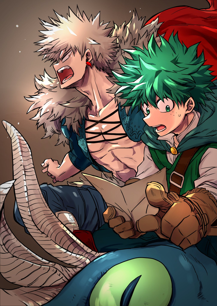 2boys 2nd_popularity_poll_(boku_no_hero_academia) abs adam's_apple alternate_eye_color alternate_universe aqua_cape bakugou_katsuki belt belt_buckle blonde_hair blue_jacket blue_pants boku_no_hero_academia boots brown_background brown_belt buckle cape chiyaya collarbone cropped_jacket cross-laced_clothes cross-laced_top fantasy floating_cape freckles fur-trimmed_cape fur_trim gradient_background green_eyes green_hair green_pupils green_vest grey_shirt hair_between_eyes highres holding holding_map horns jacket jewelry knee_boots knee_up long_neck long_sleeves looking_to_the_side male_focus map midoriya_izuku multiple_boys multiple_horns necklace no_shirt official_alternate_costume open_mouth orange_eyes pants pointing pointing_to_the_side profile red_cape sanpaku shirt short_hair shoulder_belt side-by-side sideways_glance sideways_mouth sitting sleeves_past_elbows spiked_hair sweatdrop toned toned_male tooth_earrings tooth_necklace upper_body vest yellow_brooch
